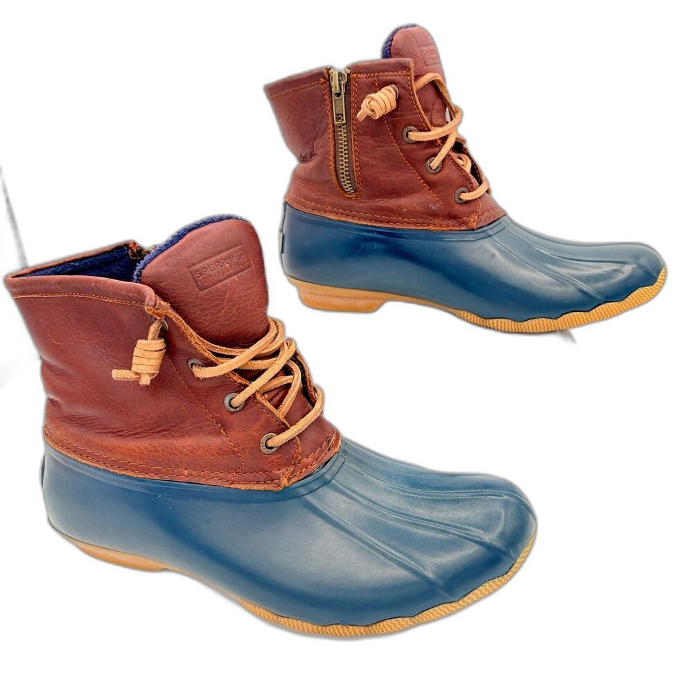 Sperry Top Sider Duck Boots Brown Leather Blue Rubber Shell Women’s size 7.5